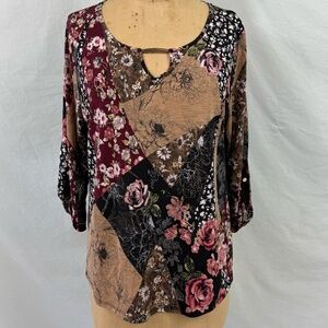Naif Floral Patchwork Blouse 3/4 Sleeve with Gold Metal Accents Size PXL